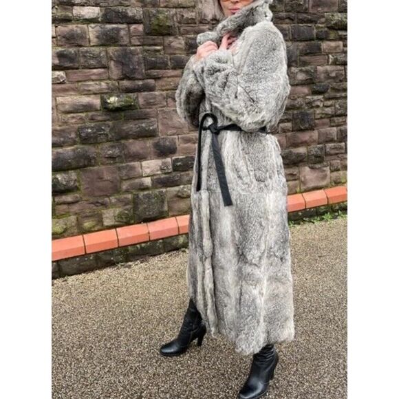 Real Rabbir Fur Long Grey beltrd Coat Small - Picture 2 of 16
